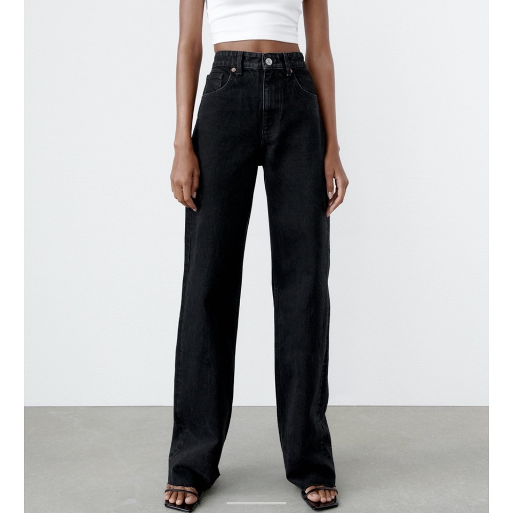 NWT ZARA HI-RISE WIDE LEG BLACK DENIM JEANS